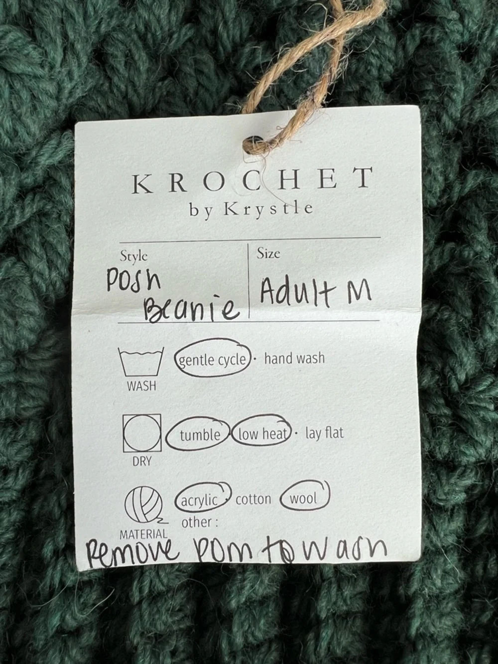 KROCHET by Krystle Handmade Green Knit Beanie w/removable Faux‎ Fur Pom NWT Sz M
